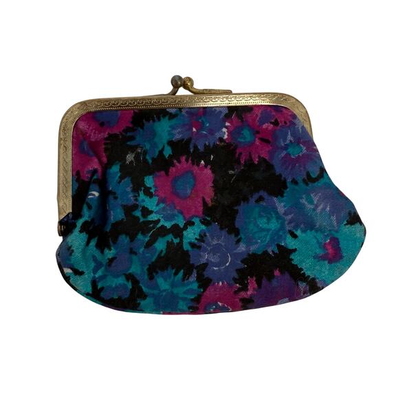 Vintage Clutch & Coin Purse Floral Blue Pink Purple Snap Closure - Picture 6 of 8